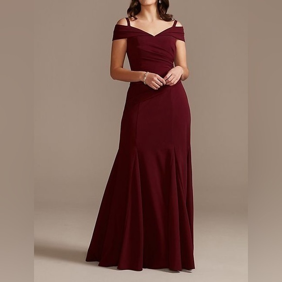 OLEG CASSINI off-the-shoulder ruched crepe mermaid dress WBM2427V4 - Picture 1 of 8